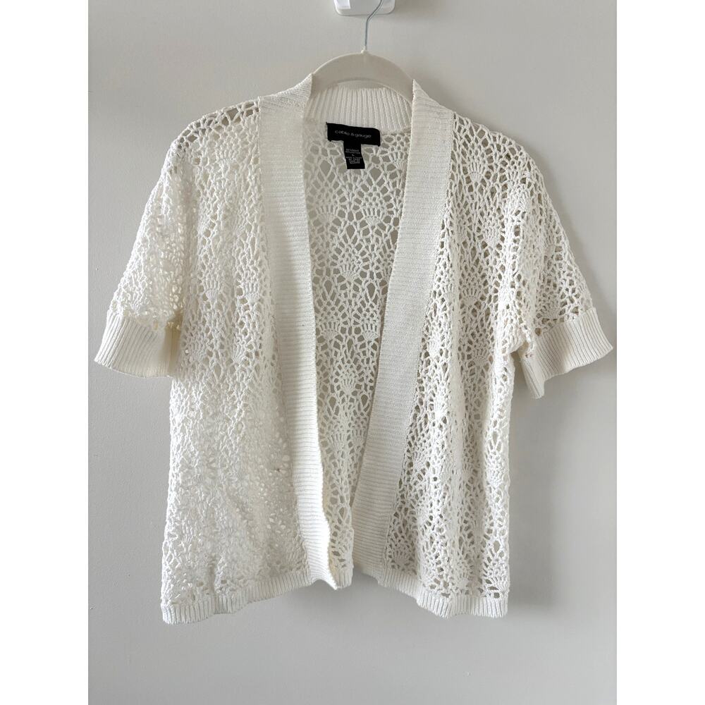 Cropped Open-Knit Short Sleeve Crochet Cardigan Sz Large Fairy Boho Clean Girl